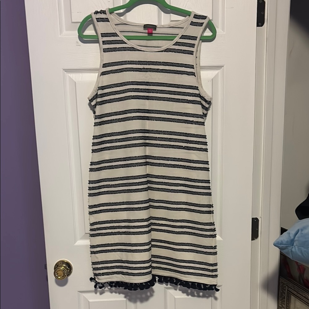 White and Blue Sleeveless Sheath Midi Dress